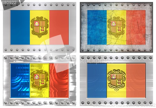 Image of four metal Flags of andorra