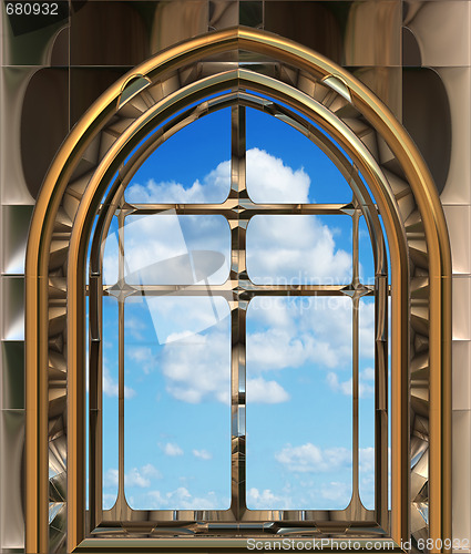Image of gothic or scifi window with blue sky