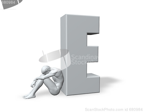 Image of sitting man leans on uppercase letter E