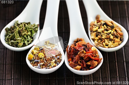 Image of Assorted herbal wellness dry tea in spoons