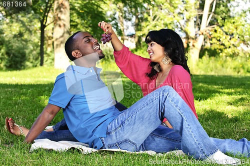 Image of Happy couple having picnic in park