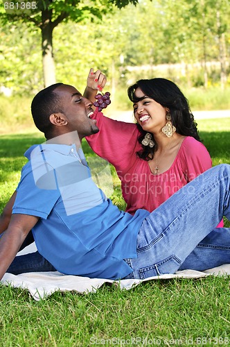 Image of Happy couple having picnic in park