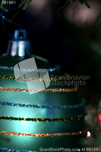 Image of Christmas ornaments on tree.