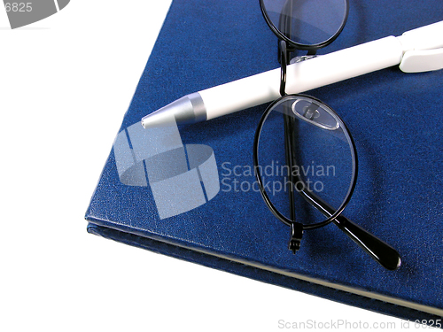 Image of  Notebook,ball-pen and glasses over white background