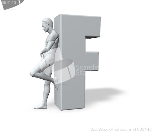 Image of man leans on letter f