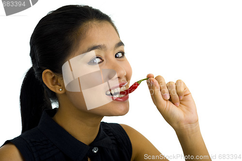 Image of woman eating a hot chili pepper
