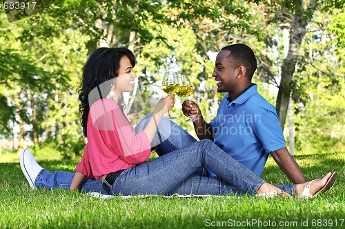 Image of Happy couple having wine in park