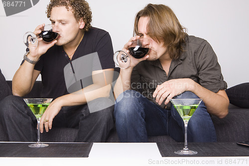 Image of two friends drinking at home