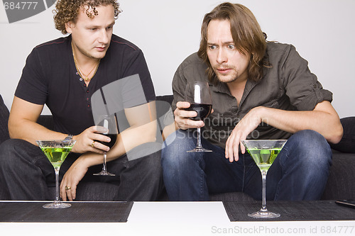 Image of two friends drinking at home