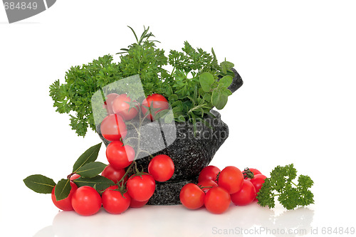 Image of Tomatoes and Herb Leaf Selection  