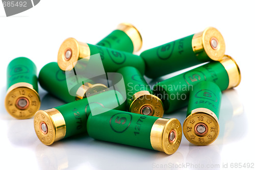 Image of Heap of hunting cartridges for shotgun 12 caliber