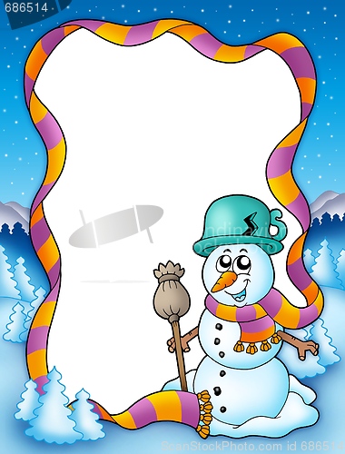 Image of Winter frame with snowman and trees