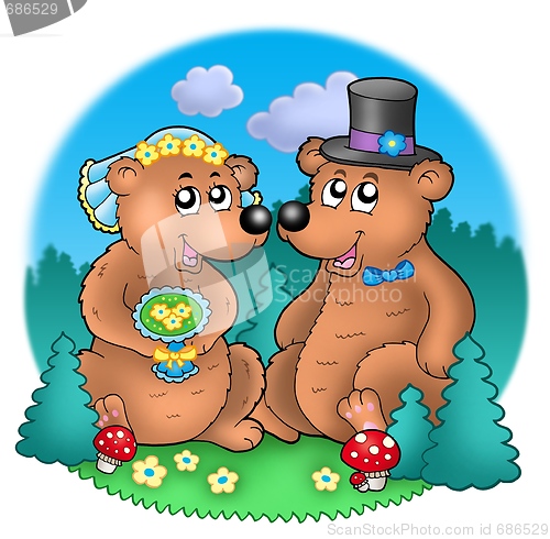 Image of Wedding image with bears on meadow
