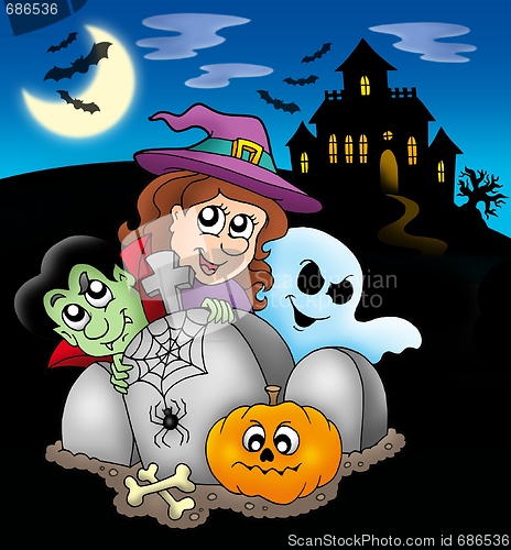 Image of Halloween characters before mansion