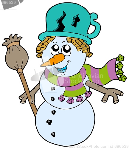 Image of Cute snowman with scarf and broom