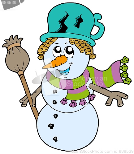 Image of Cute snowman with scarf and broom