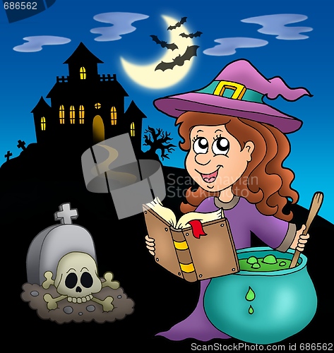 Image of Cute witch with potion and mansion