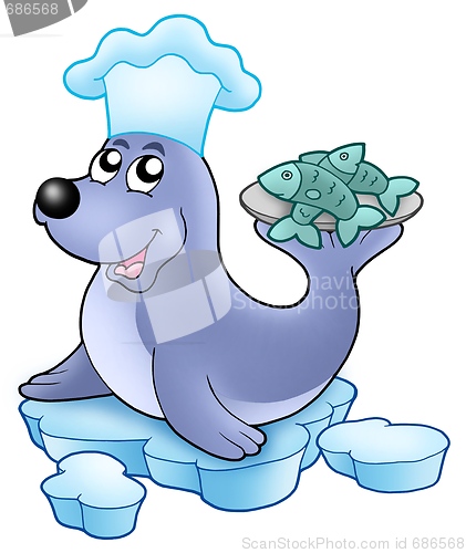 Image of Seal chef with fishes