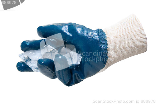 Image of Blue glove hold blocks of ice