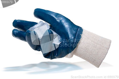 Image of Blue glove hold blocks of ice 