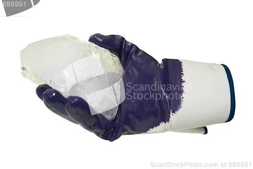 Image of Blue glove hold blocks of ice