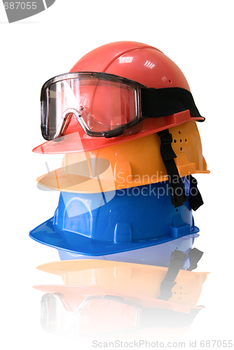 Image of Many colored hardhats and goggles