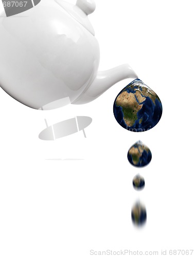 Image of Teapot with drop of water as planet.