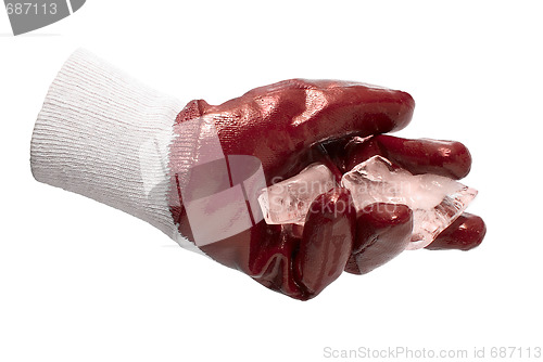 Image of Red glove hold blocks of ice