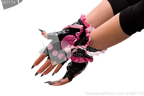 Image of hand with pink gloves