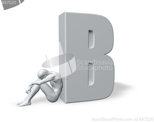 Image of sitting man leans on uppercase letter B