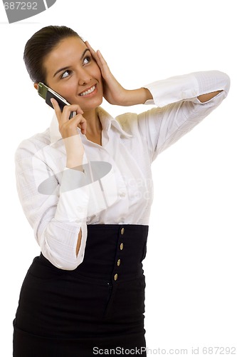 Image of worried attractive businesswoman with mobile phone