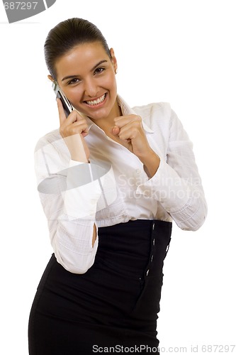 Image of excited businesswoman on the phone