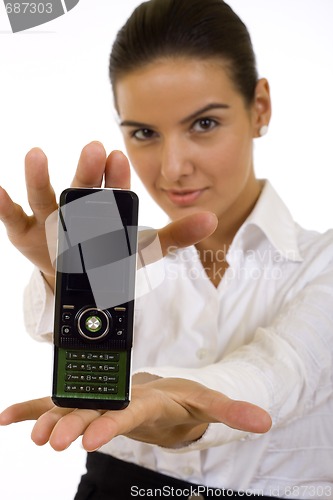 Image of businesswoman presenting a mobile phone