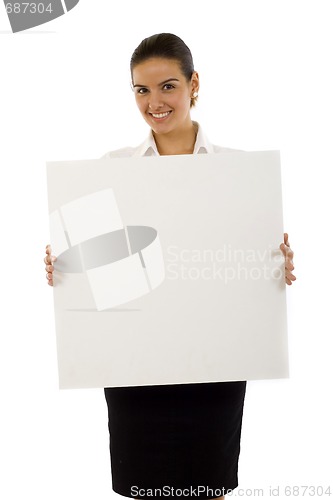 Image of businesswoman showing empty white board