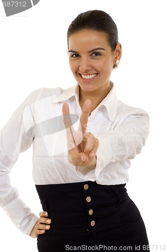 Image of businesswoman making her victory sign