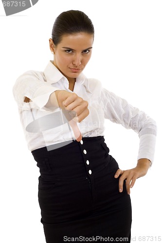 Image of businesswoman showing thumbs down