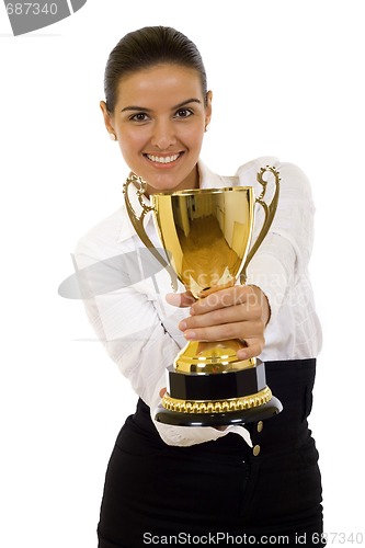 Image of businesswoman winning a gold trophy