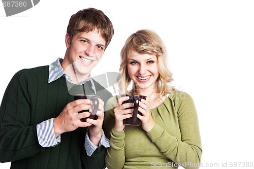 Image of Caucasian couple holding coffee cups