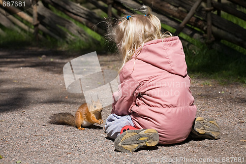 Image of little girl plays with the squirrel