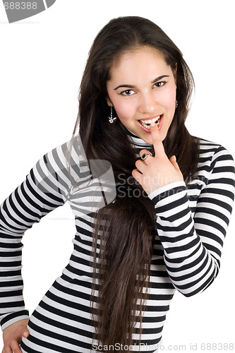 Image of Smiling playful girl in striped blouse. Isolated