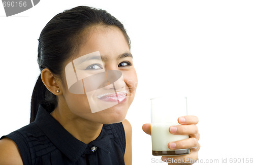 Image of woman drinking milk, isolated on white