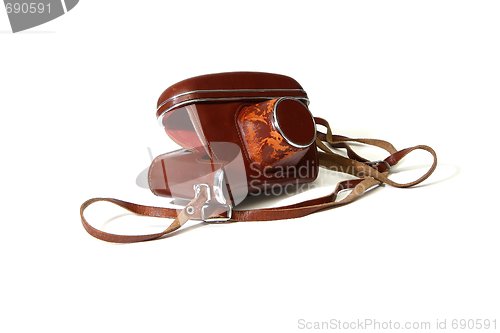 Image of Empty red leather case of vintage photo camera  isolated