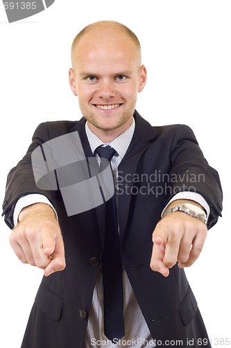 Image of businessman in suit and tie pointing the fingers