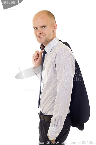 Image of business man with his coat on the shoulder