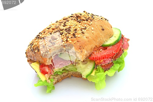 Image of Fresh sandwich with salami cheese and vegetables