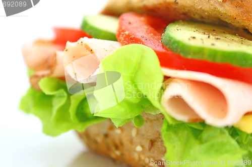 Image of Fresh sandwich with ham and cheese and vegetables