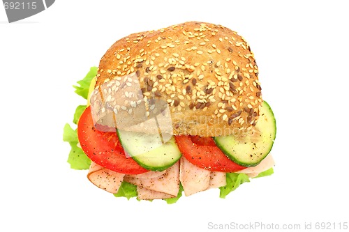 Image of Fresh sandwich with ham and cheese and vegetables