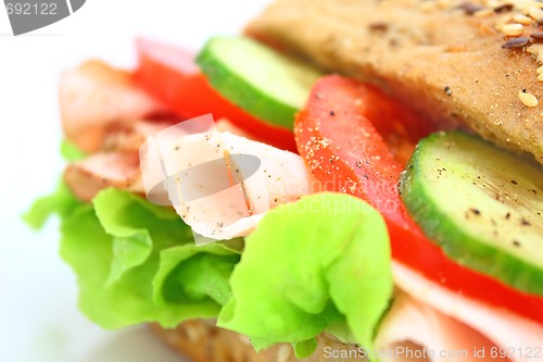 Image of Fresh sandwich with ham and cheese and vegetables