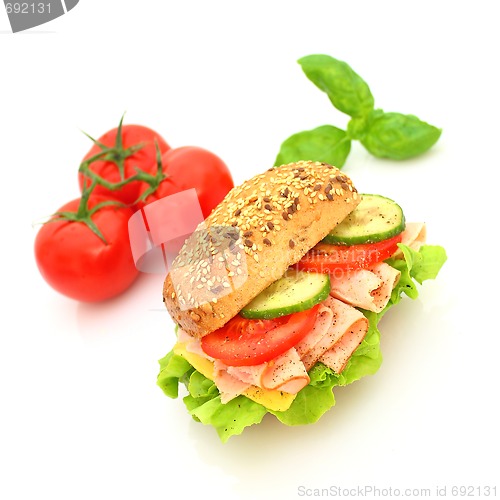 Image of Fresh sandwich with ham and cheese and vegetables