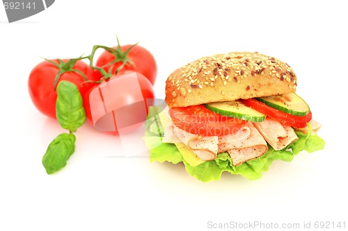 Image of Fresh sandwich with ham and cheese and vegetables